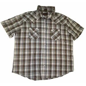 Plains Western Wear Shirt 2XL Plaid Short Sleeve Pearl Snap Button Big Man Brown